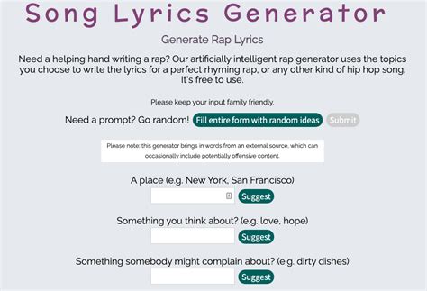 Let our smart song creator, <b>lyrics</b> maker or rap wizard — whatever you call it — help you out creating a new shiny song!. . Lyric generator